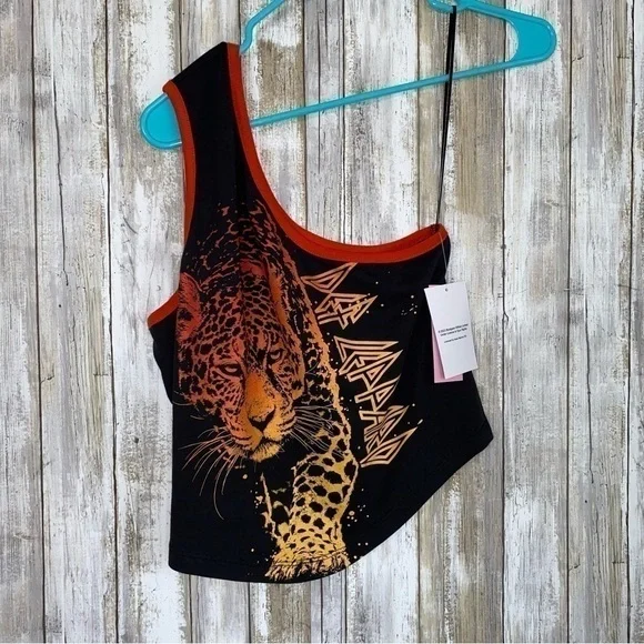 NWT Def Leppard One Shoulder Leopard Crop - Picture 2 of 5